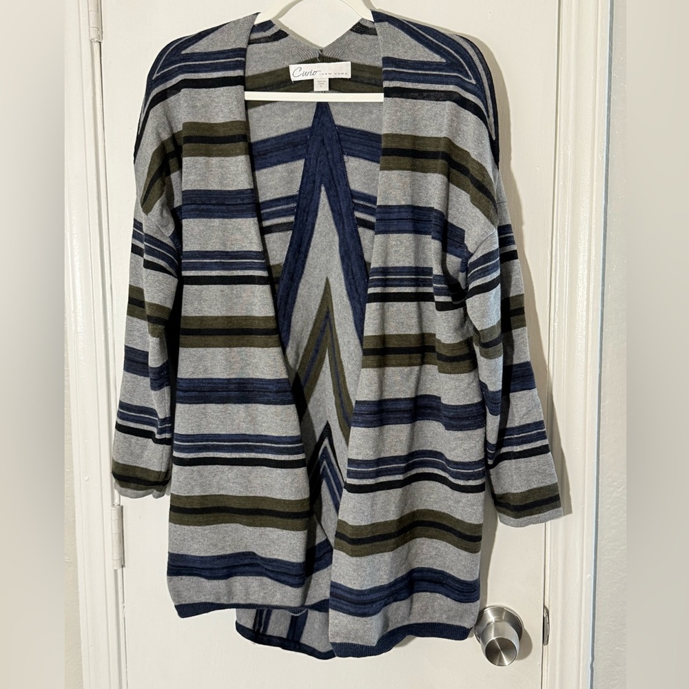 Anthro Curio Women's Striped Gray Sweater Open Cardigan Size L